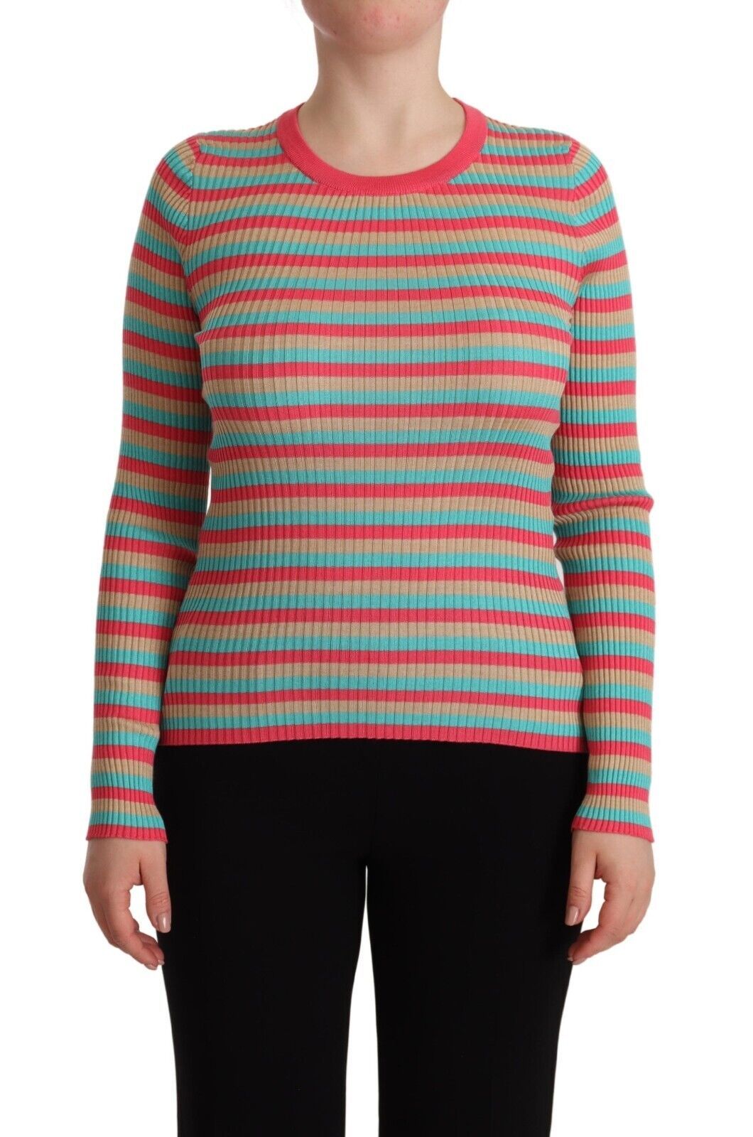 Elegant Striped Silk Crew Neck Pullover