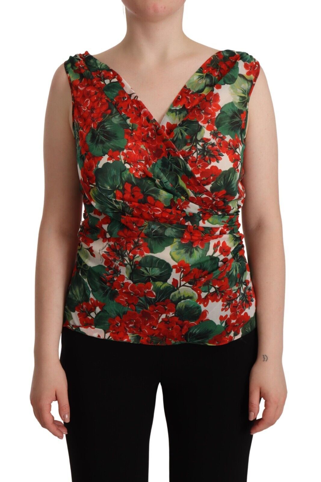 Elegant V-Neck Geranium Print Silk Tank Top