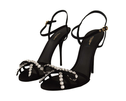 Elegante schwarze Sandalen mit Knöchelriemen aus Viskose und Kristallen