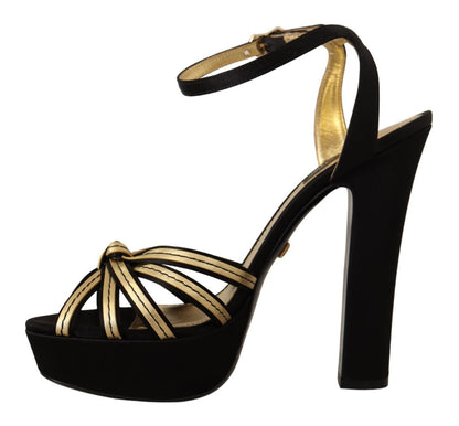 Elegante schwarze und goldene Sandalen mit Knöchelriemen