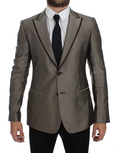 Eleganter schmaler Blazer aus brauner Seide mit zwei Knöpfen