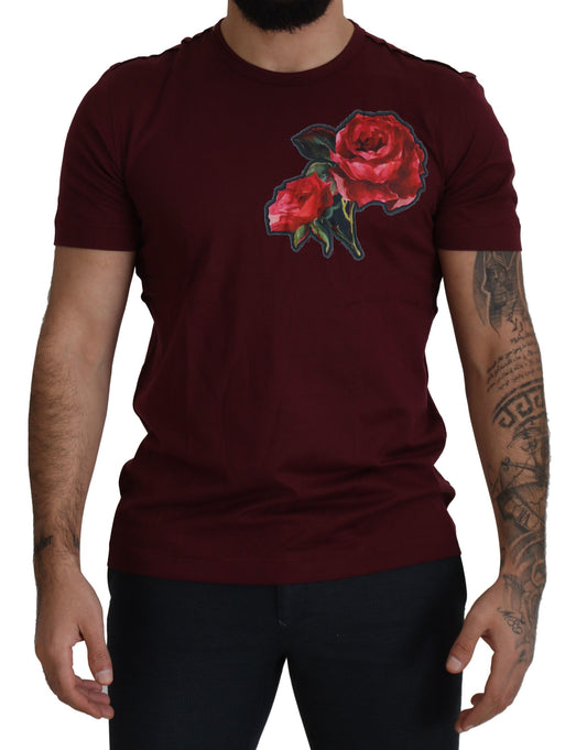 Elegantes Rundhals-T-Shirt mit Bordeaux-Rosen-Motiv