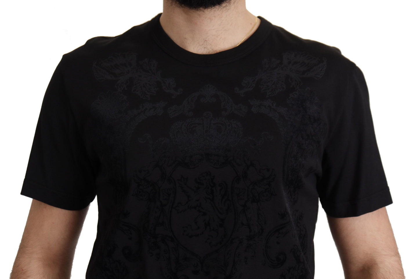 Elegantes schwarzes Rundhals-T-Shirt mit Barock-Muster