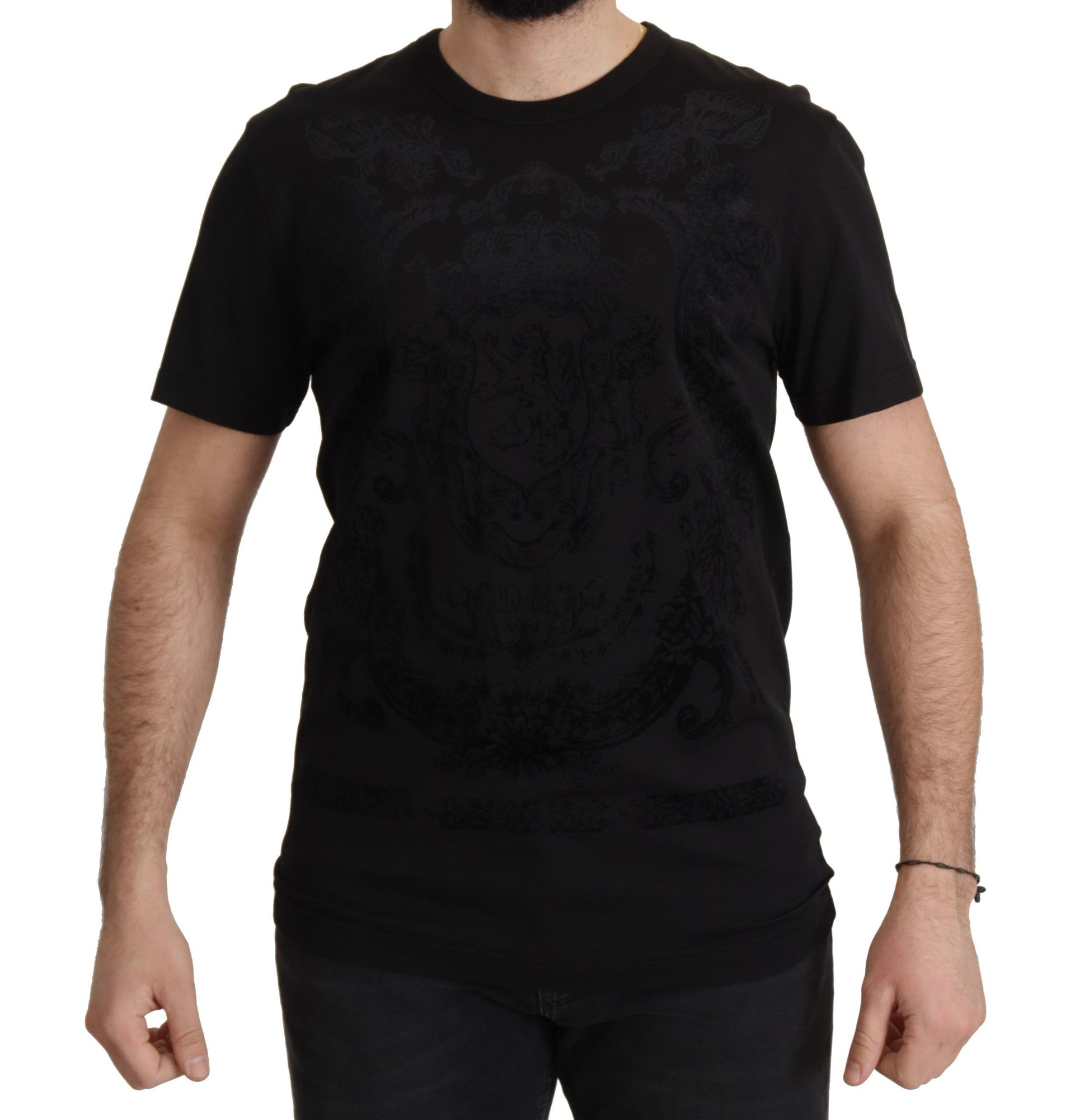 Elegantes schwarzes Rundhals-T-Shirt mit Barock-Muster