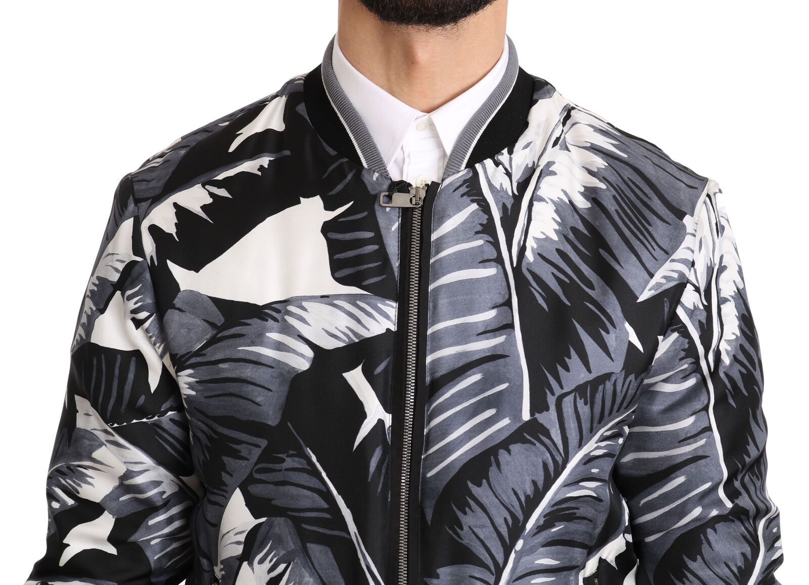 Elegante Bomberjacke aus Seide mit Bananenblatt-Print