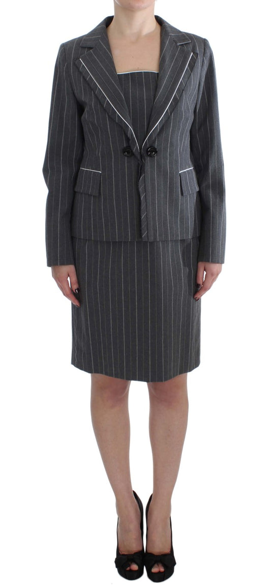 Elegantes grau gestreiftes Kleid und Blazer-Anzug-Set