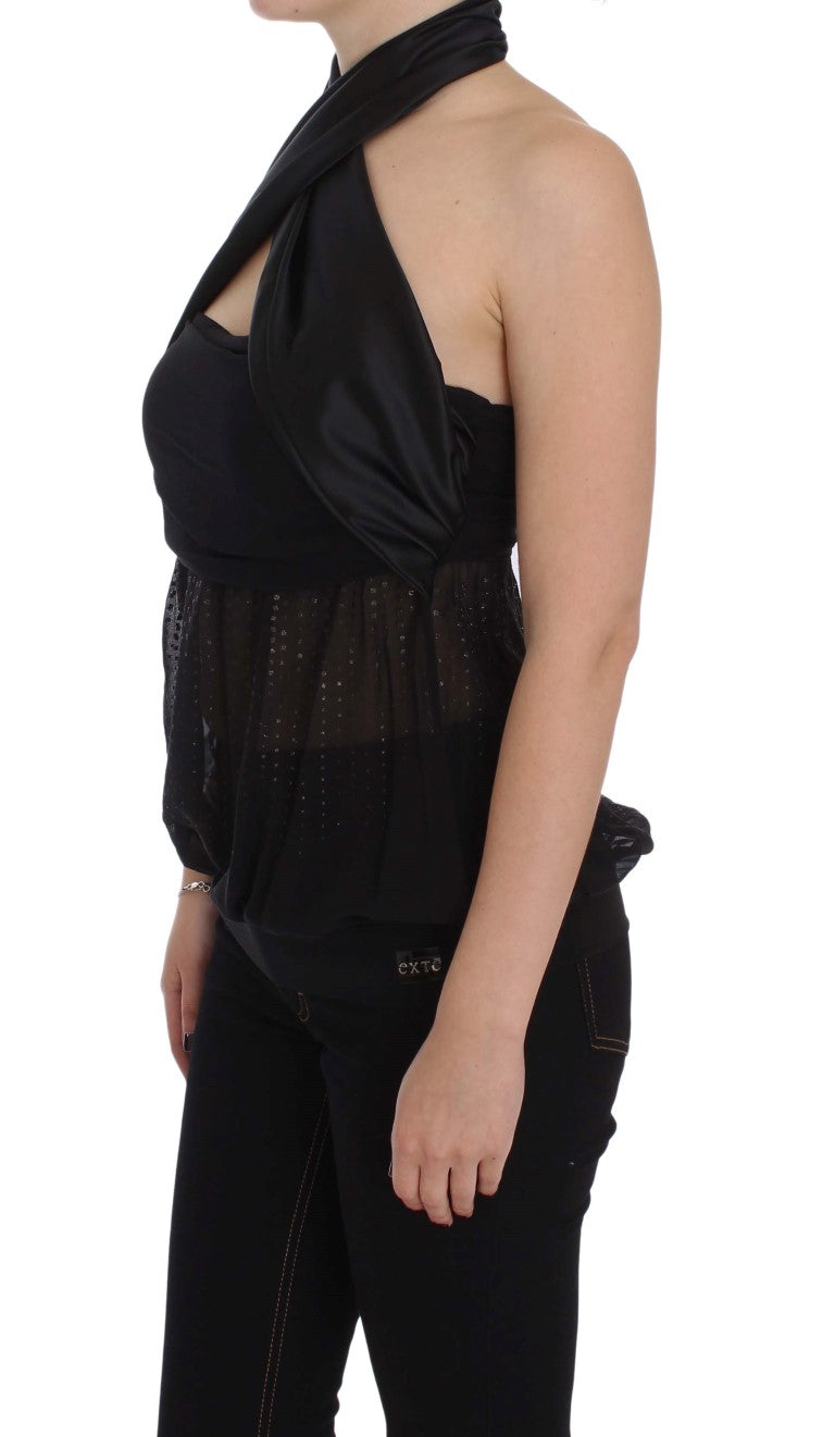 Elegante schwarze Abendbluse mit Wickeltop