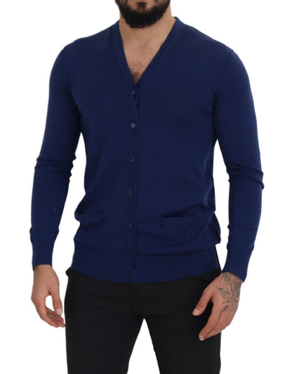 Eleganter blauer Cardigan-Pullover aus Schurwolle