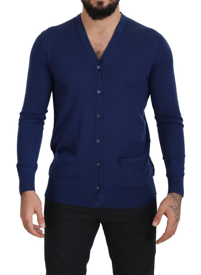 Eleganter blauer Cardigan-Pullover aus Schurwolle