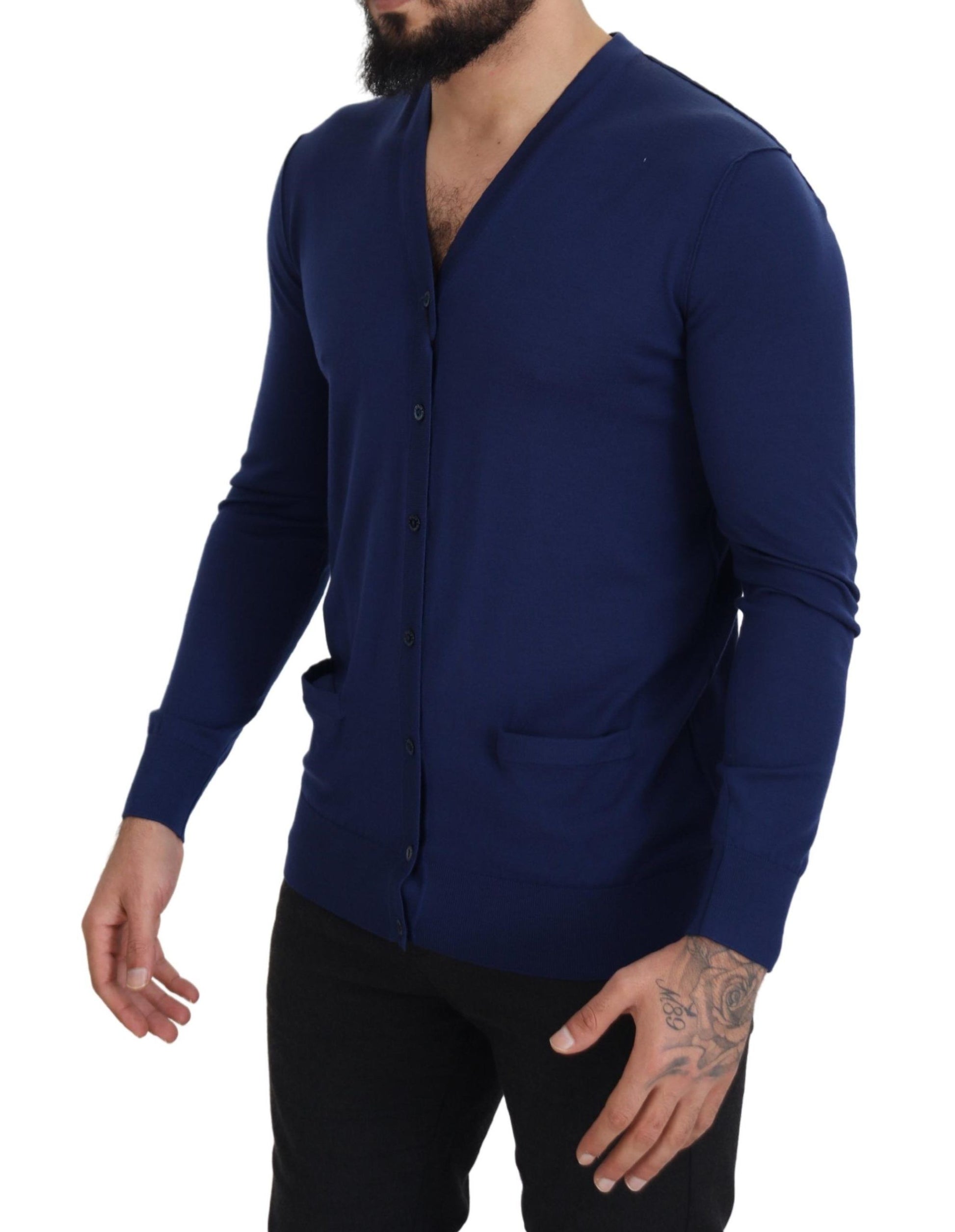 Eleganter blauer Cardigan-Pullover aus Schurwolle