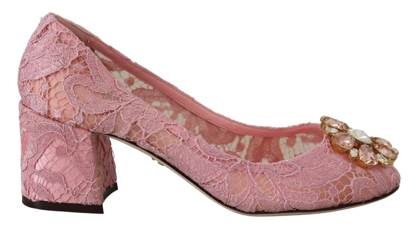 Pastellrosa Pumps mit Spitze und Kristallverzierung