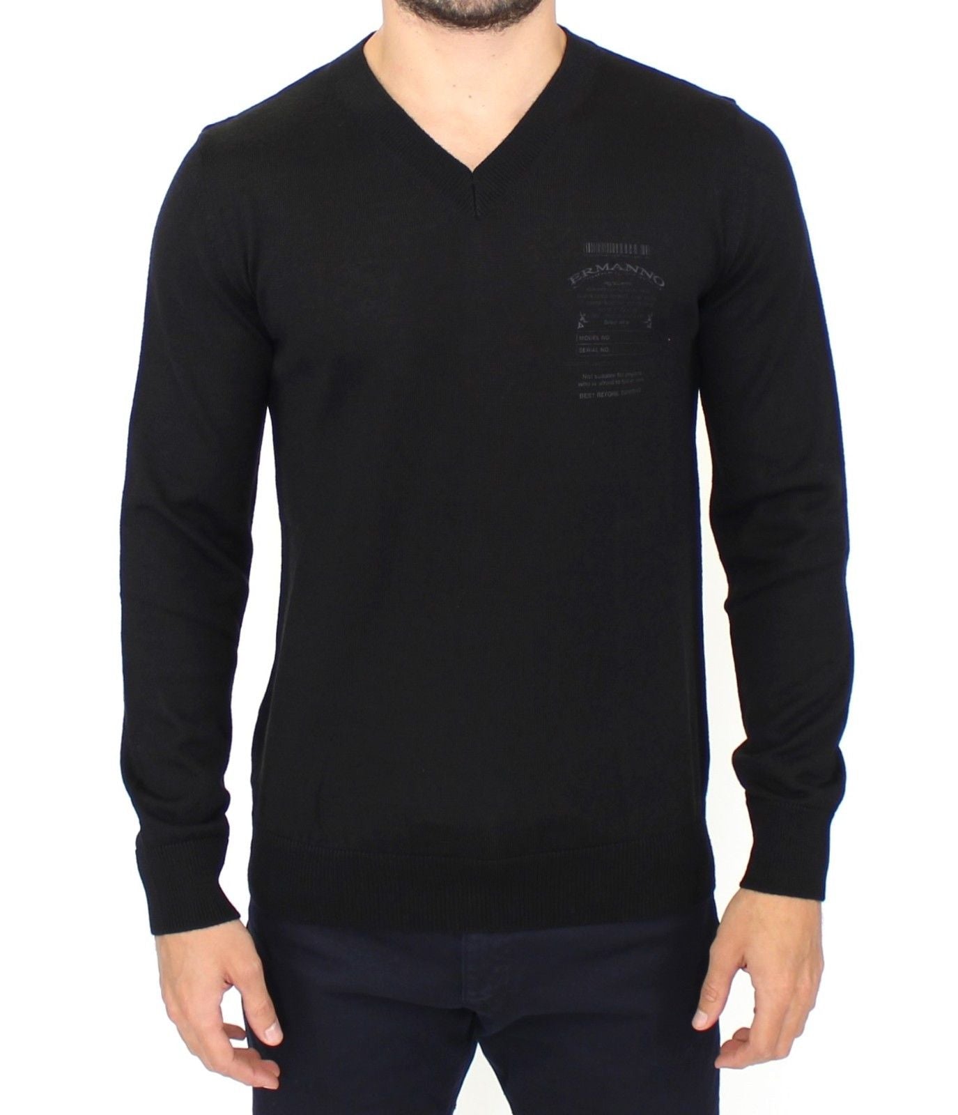 Eleganter schwarzer Pullover aus Wollmischung mit V-Ausschnitt