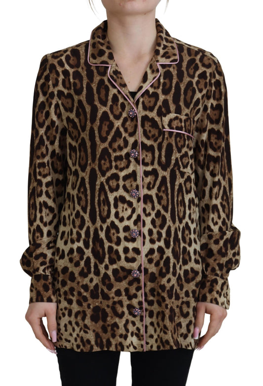 Elegant Silk Leopard Print Collared Top