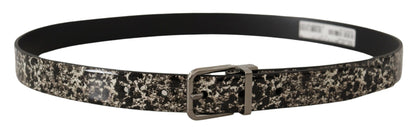 Elegant Black Marble Print Leather Belt