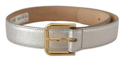 Elegant Silver Leather Belt with Engraved Buckle