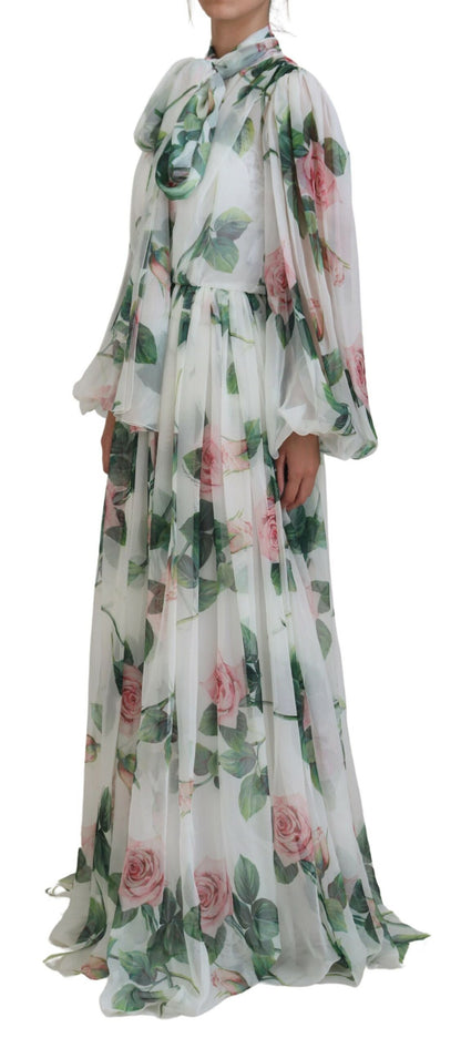 Elegant White Silk Maxi Dress with Rose Print