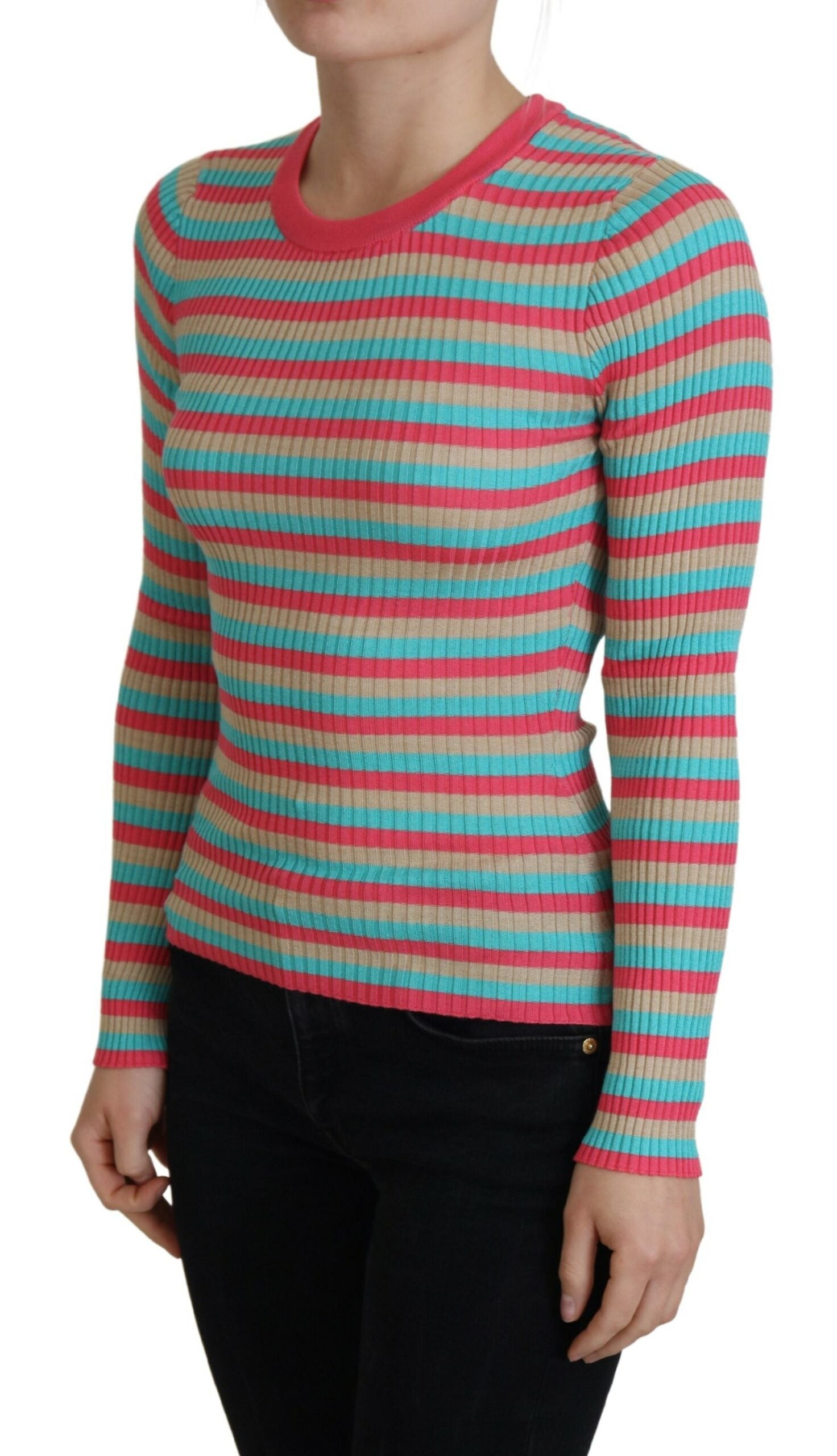 Eleganter gestreifter Seidenpullover mit Rundhalsausschnitt