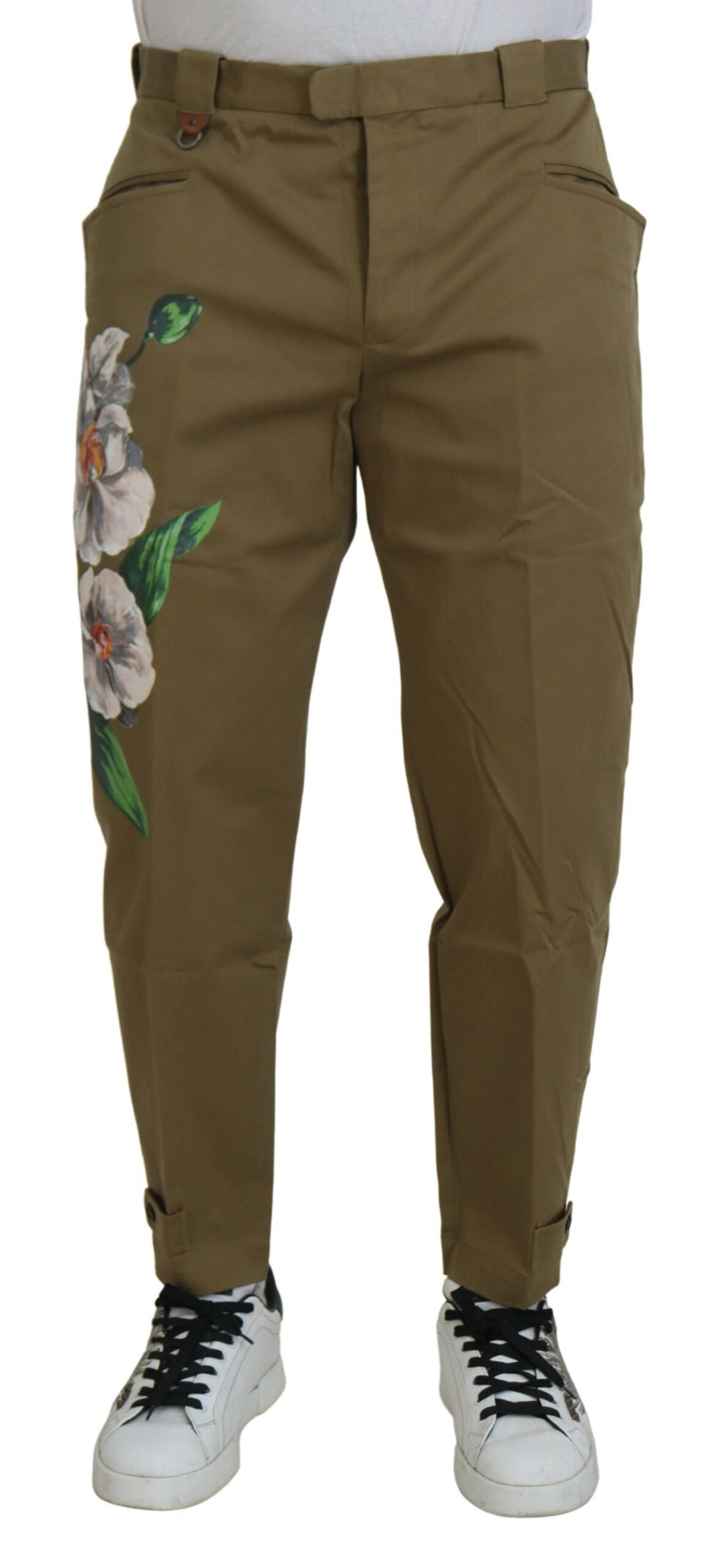 Exquisite beige Chinohose mit Blumenmuster