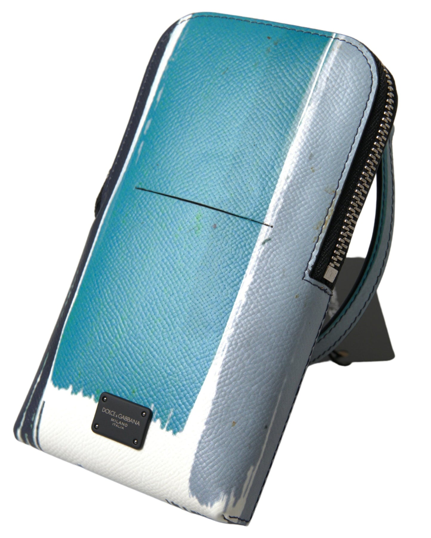 Elegant Leather Crossbody Phone Bag in Blue & White