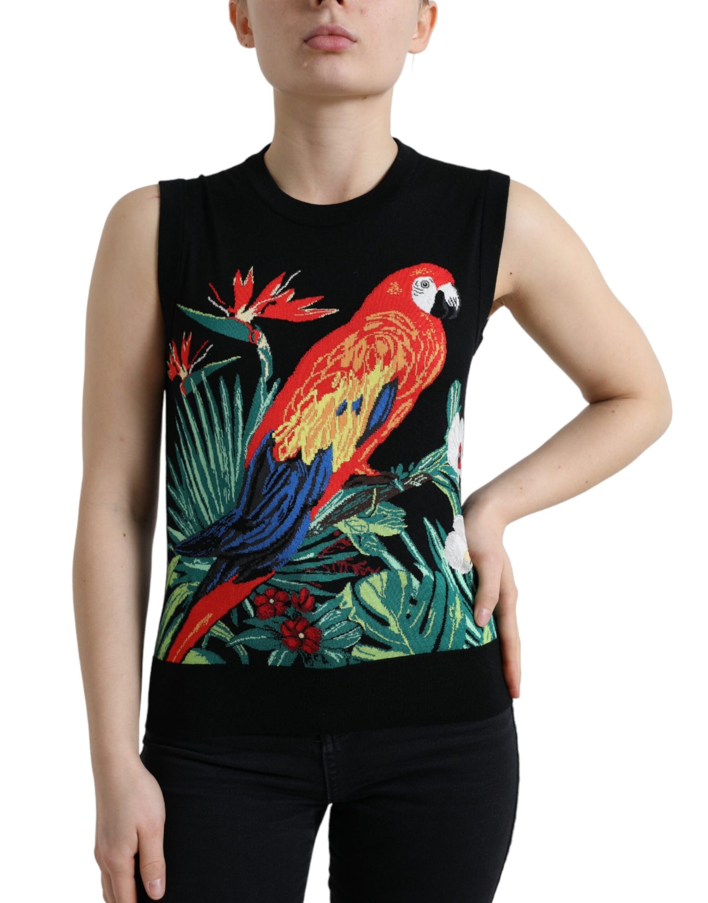 Elegantes Rundhals-Tanktop aus Wolle und Seide mit Vogelstickerei