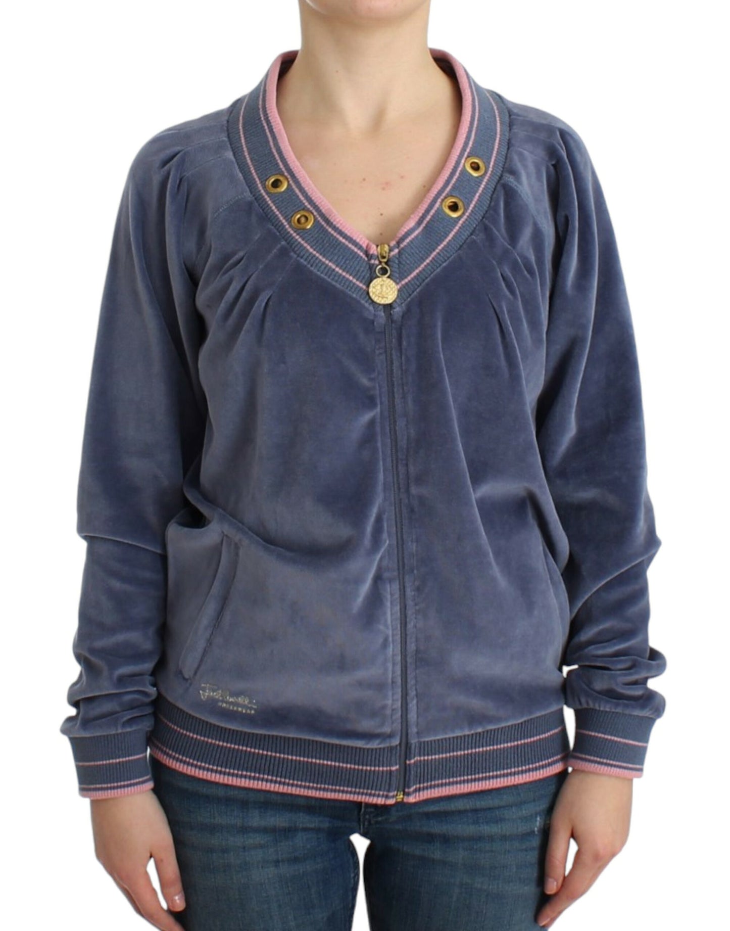 Edler blauer Zip-Cardigan mit goldenen Details