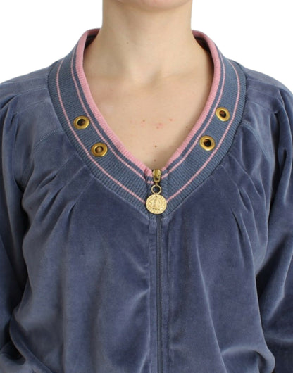 Edler blauer Zip-Cardigan mit goldenen Details