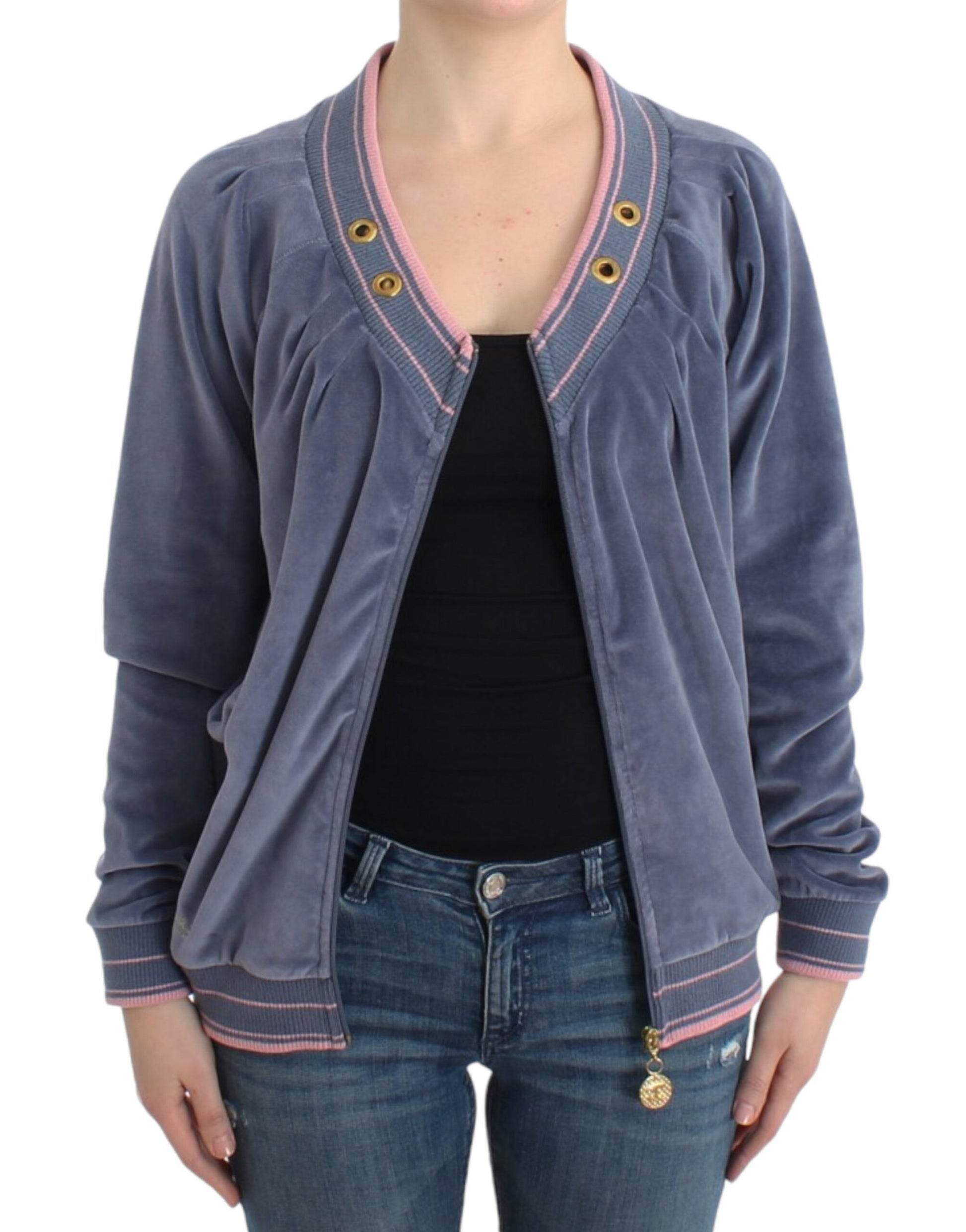 Edler blauer Zip-Cardigan mit goldenen Details