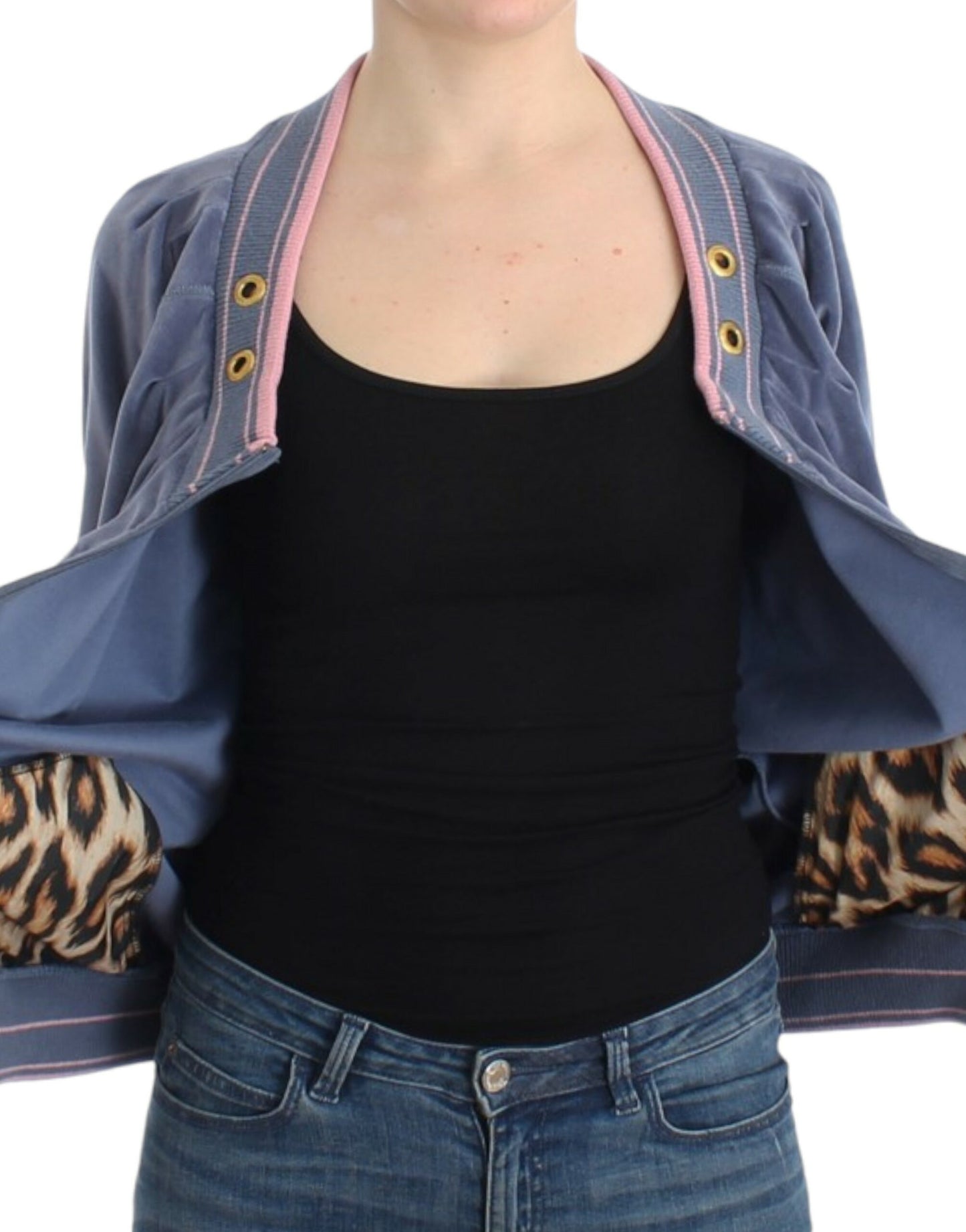 Edler blauer Zip-Cardigan mit goldenen Details