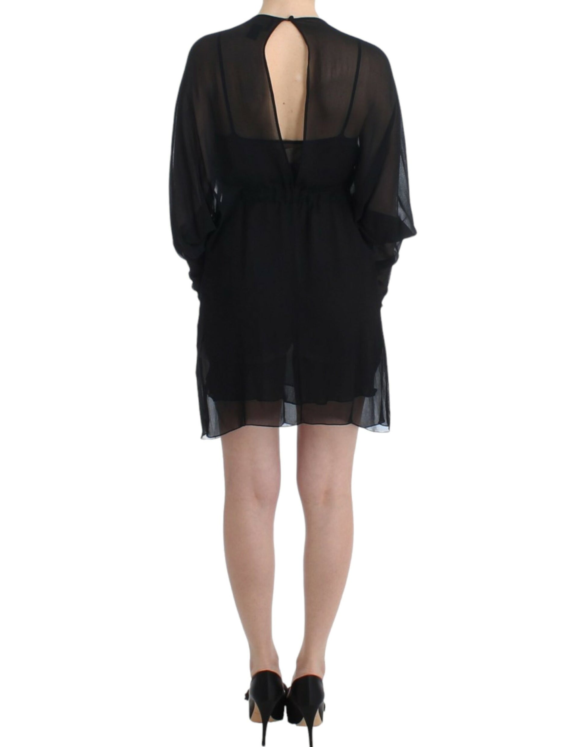 Elegant Sheer Black Silk Blouson Dress