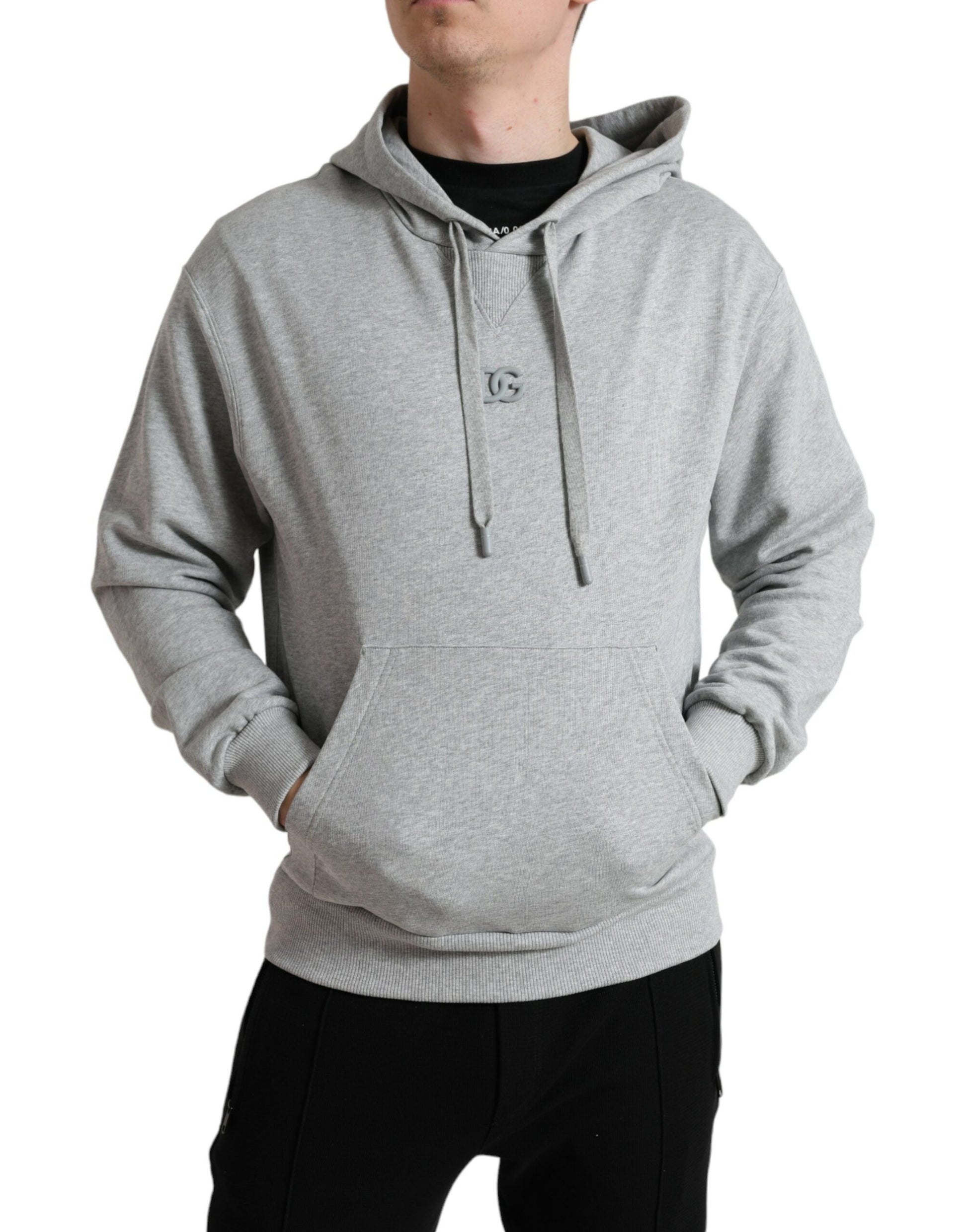 Chic Gray Logo Hooded Cotton Sweater