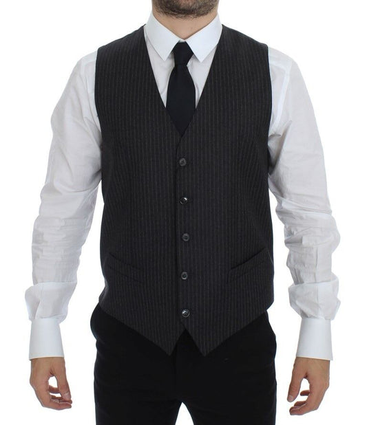 Elegant Gray Striped Wool Dress Vest