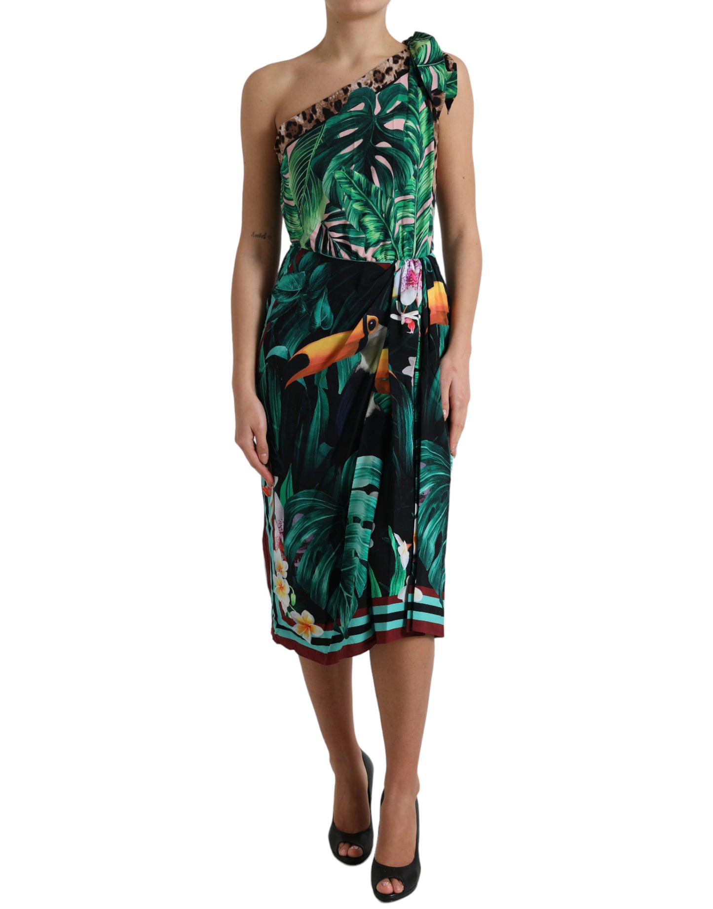 One-Shoulder-Kleid mit tropischem Dschungel-Print