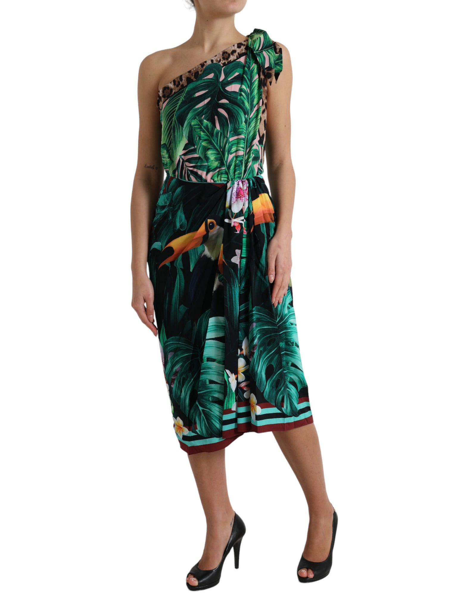 One-Shoulder-Kleid mit tropischem Dschungel-Print