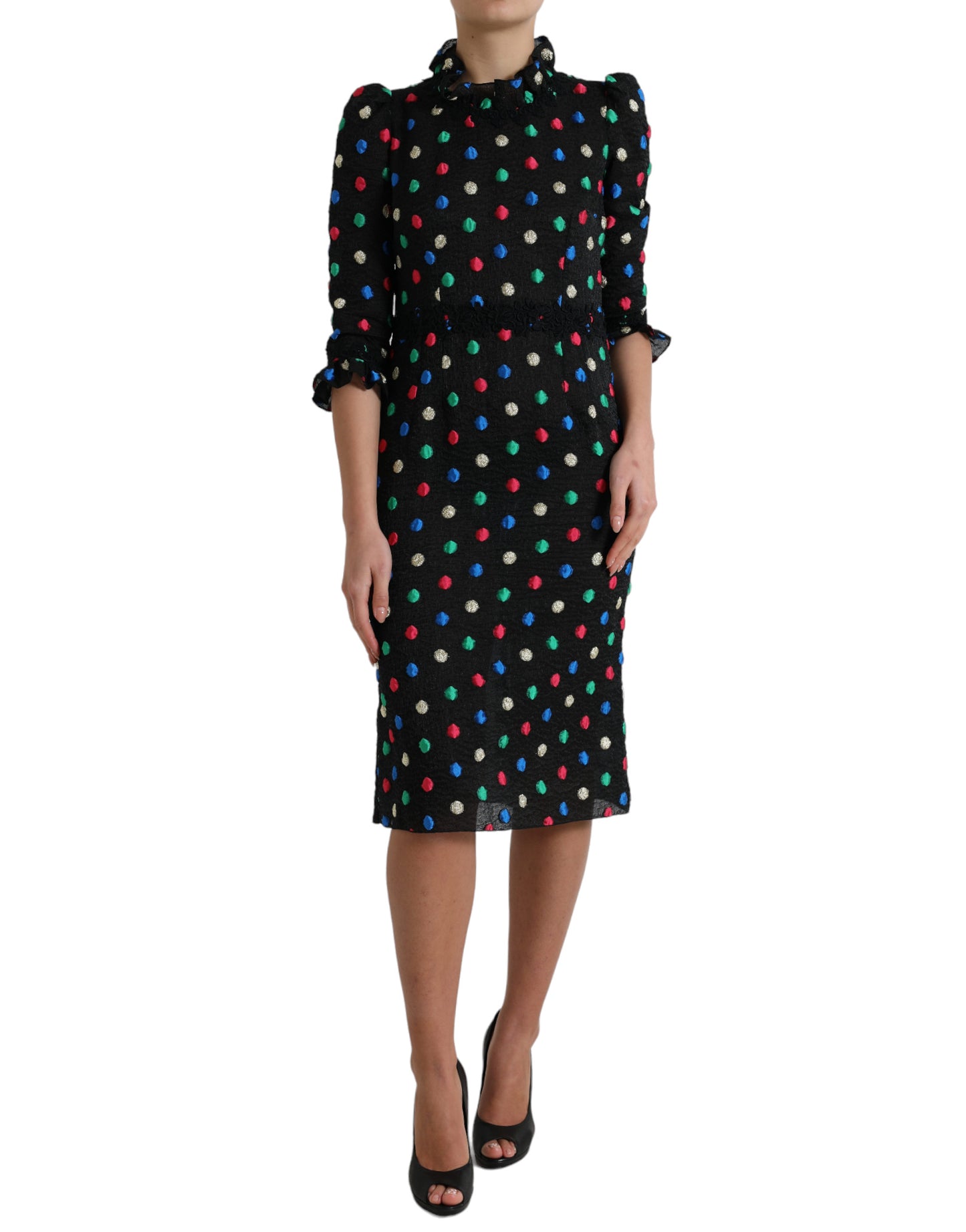 Elegant High Neck Polka Dot Midi Dress