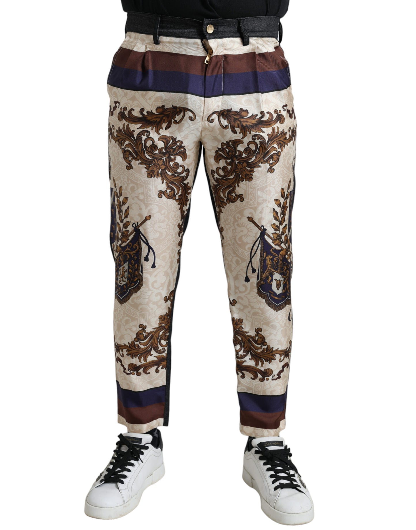 Edle Skinny Pants aus Seide mit Wappen-Print