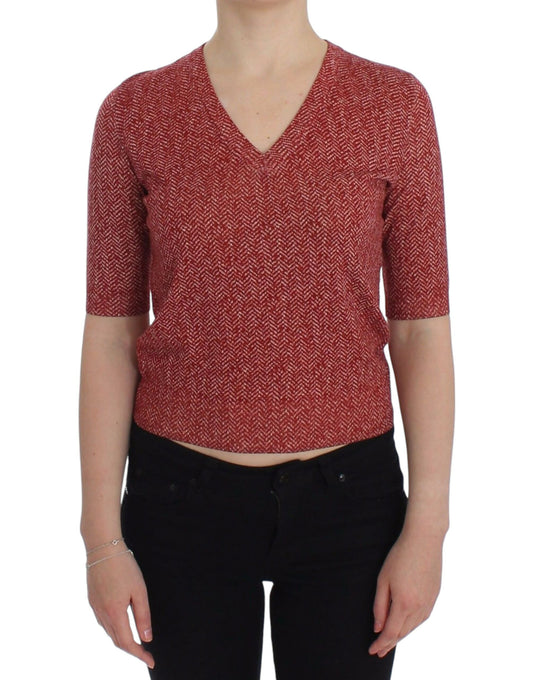 Bezaubernder roter Tweed-Pullover mit V-Ausschnitt