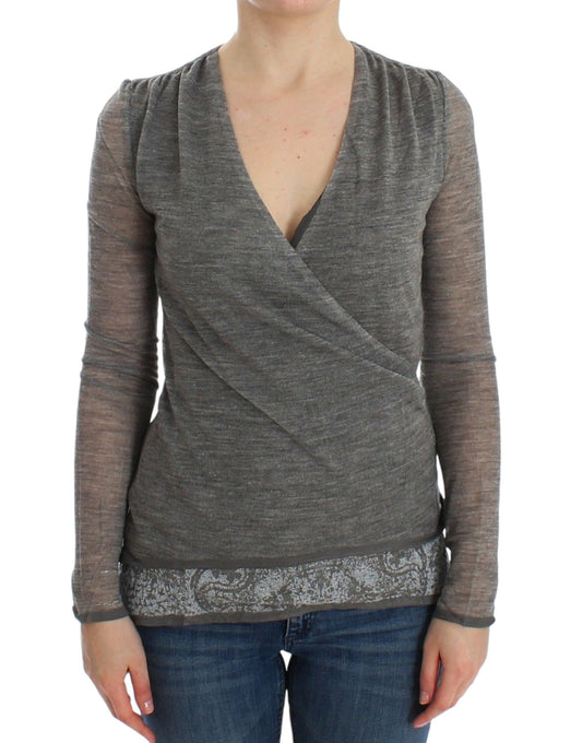 Eleganter grauer Pullover aus Wollmischung mit tiefem V-Ausschnitt