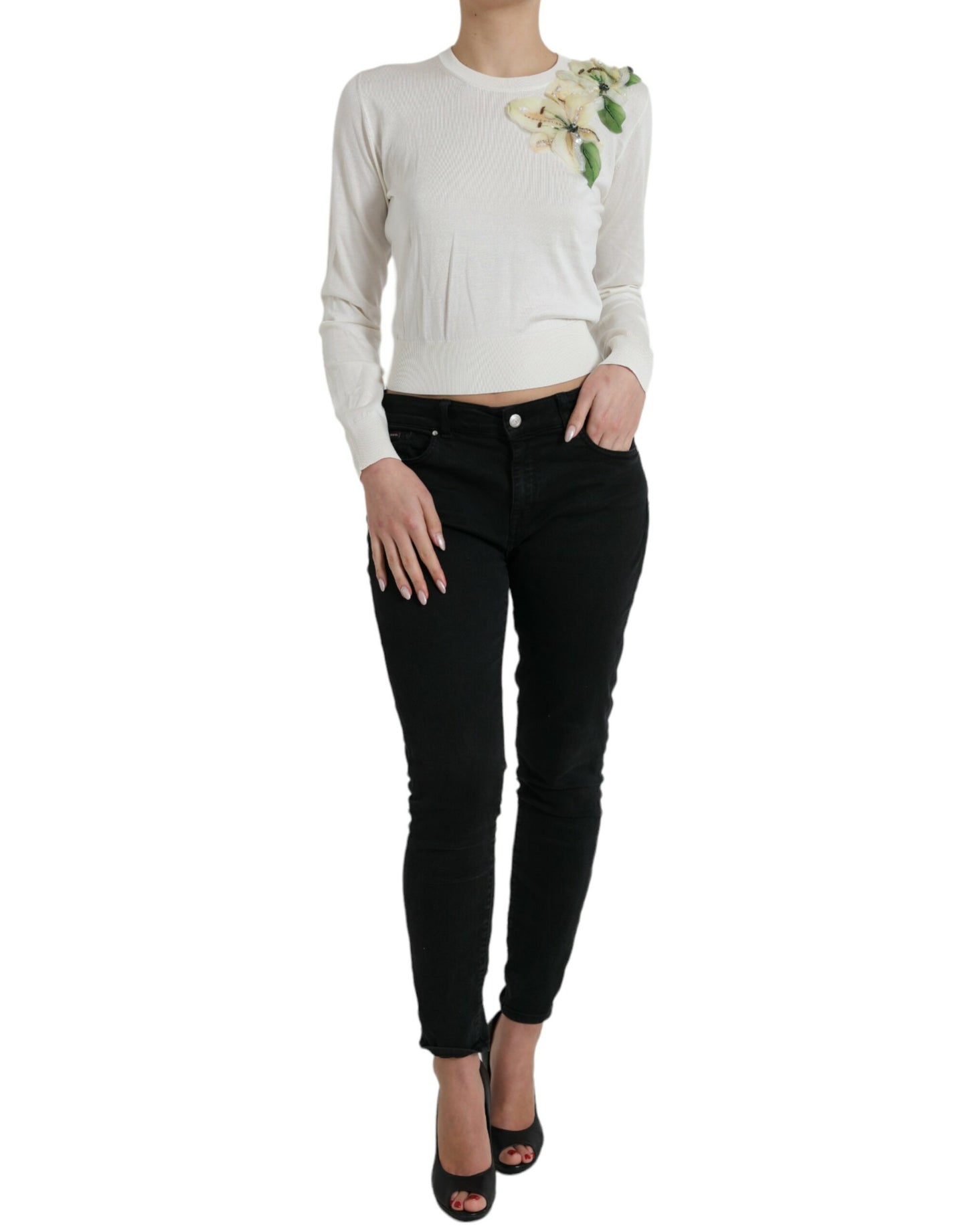 Silk Floral Applique Pullover Sweater