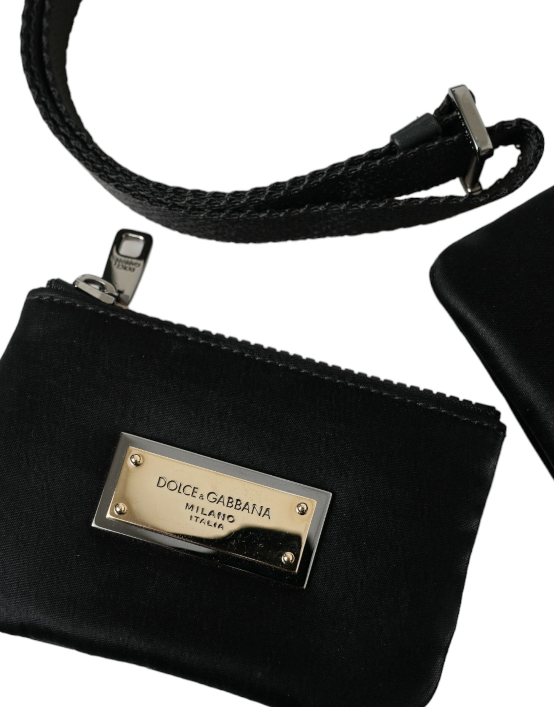 Elegante schwarze Nylon-Ledertasche mit silbernen Details