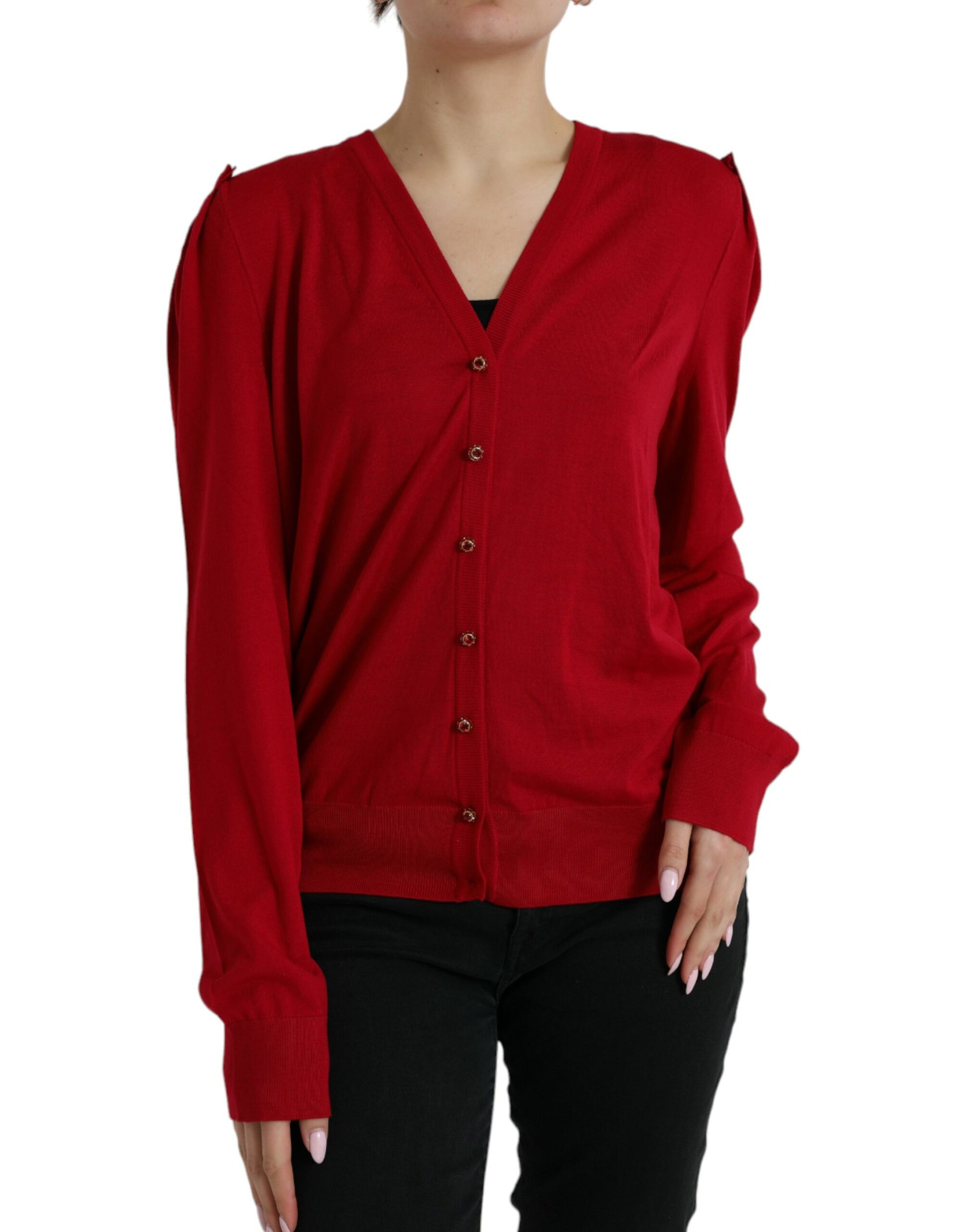 Eleganter roter Woll-Cardigan mit V-Ausschnitt