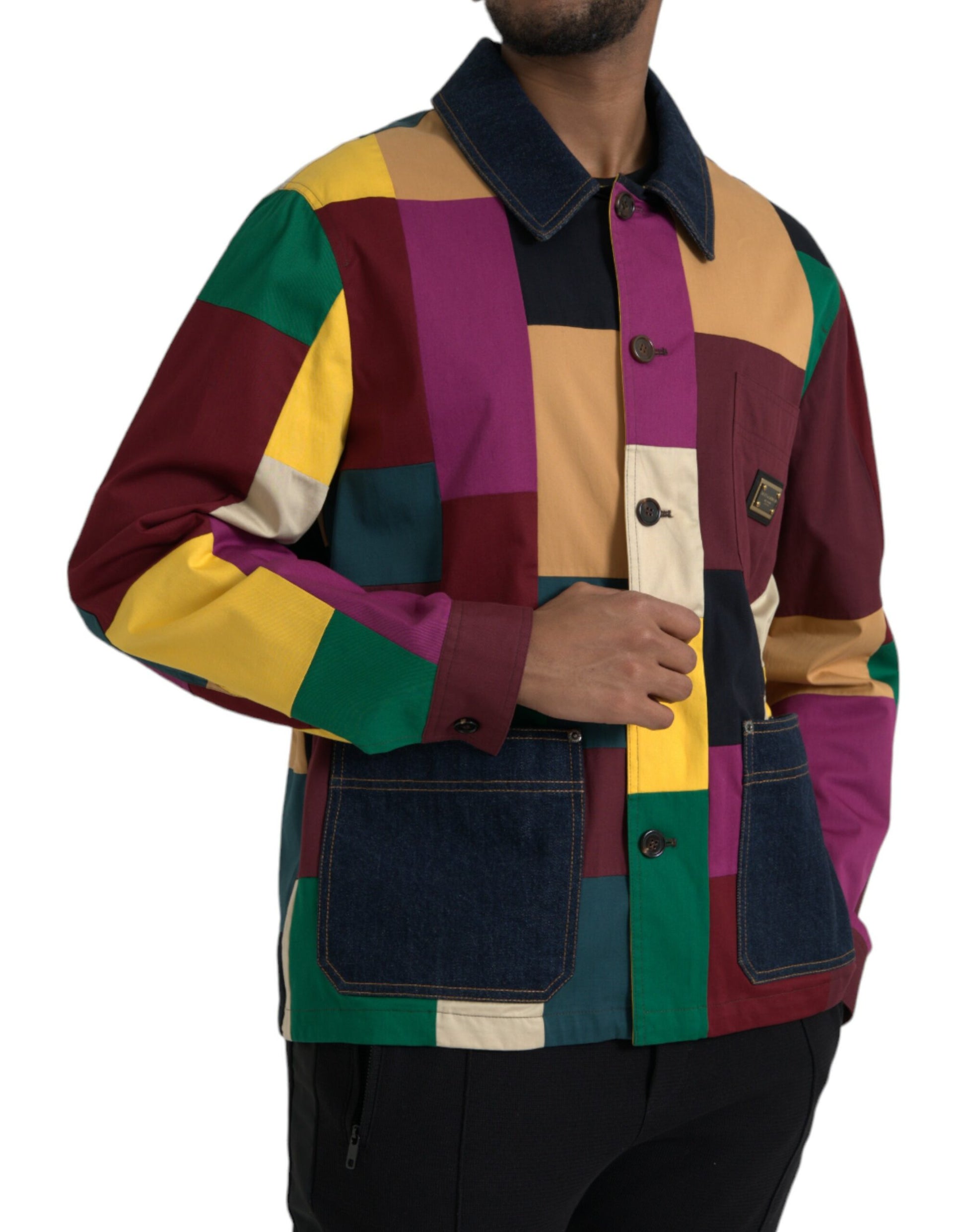 Mehrfarbige Patchwork-Jacke aus Baumwolle mit Kragen