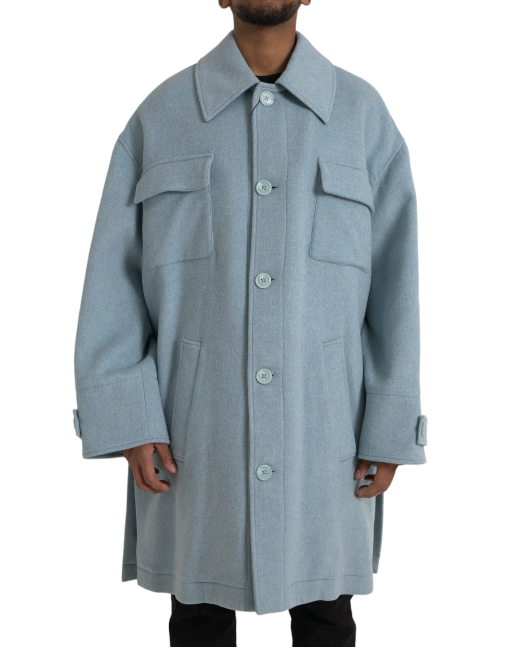 Hellblaue Trenchcoat-Jacke aus Wolle mit Knöpfen