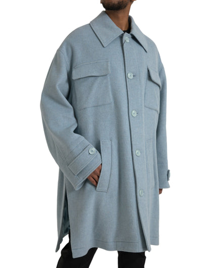 Hellblaue Trenchcoat-Jacke aus Wolle mit Knöpfen