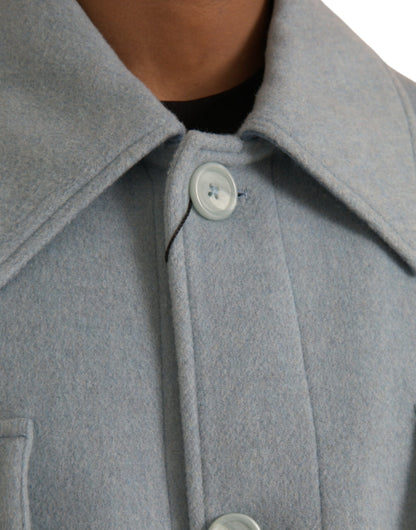 Hellblaue Trenchcoat-Jacke aus Wolle mit Knöpfen