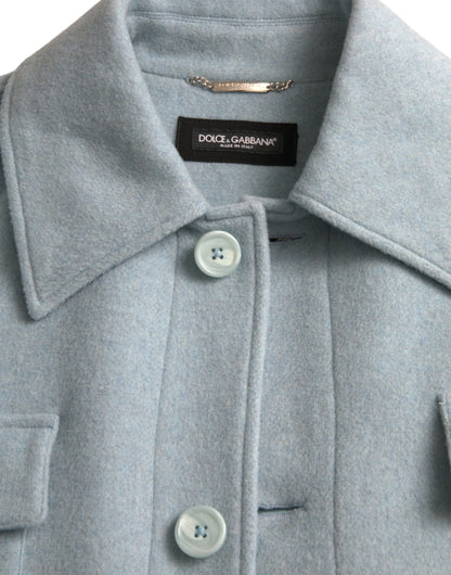 Hellblaue Trenchcoat-Jacke aus Wolle mit Knöpfen