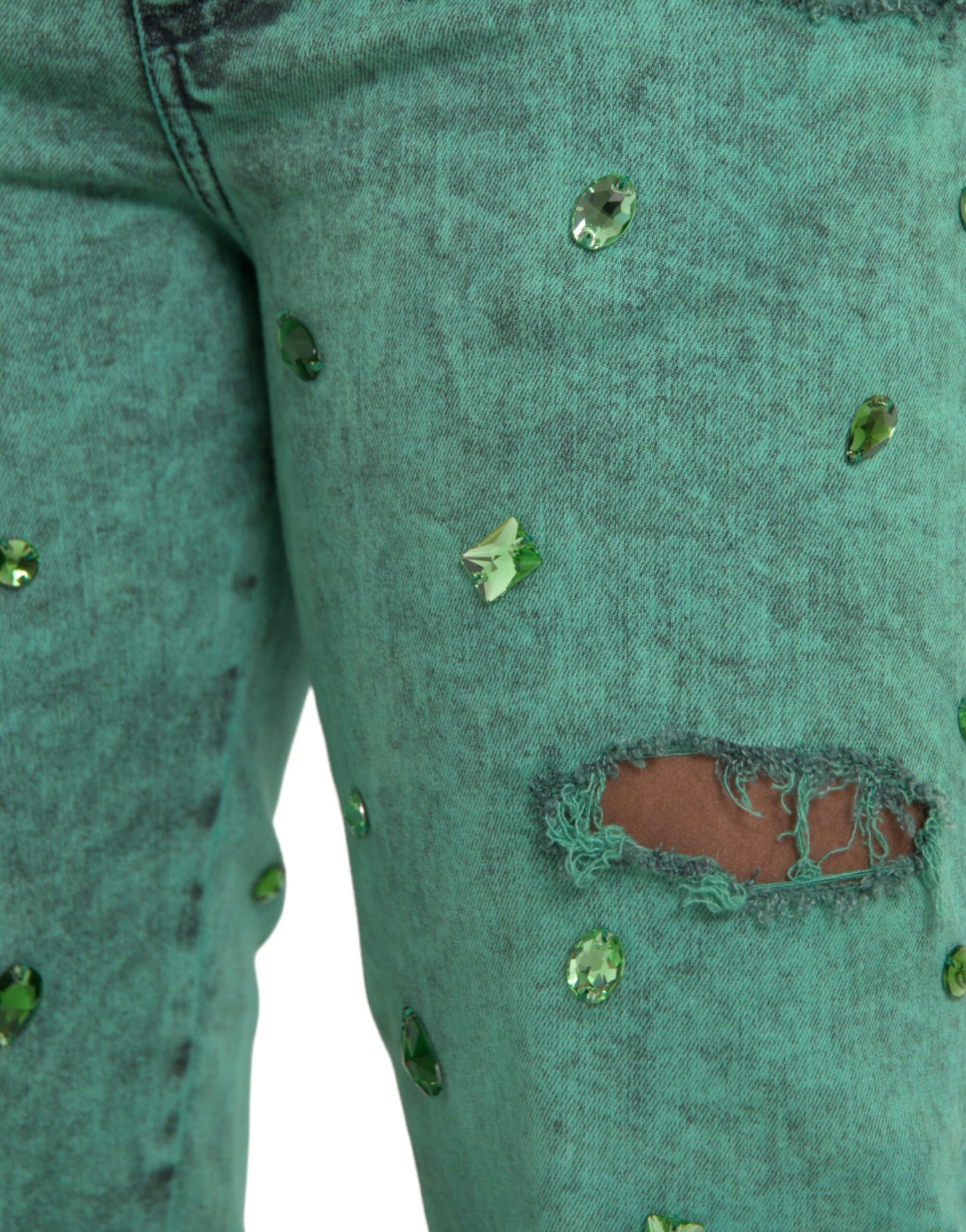 Grüne Slim-Jeans aus Baumwollstretch mit Kristallen