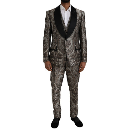 Brown Floral Jacquard Formal 3 Piece Suit