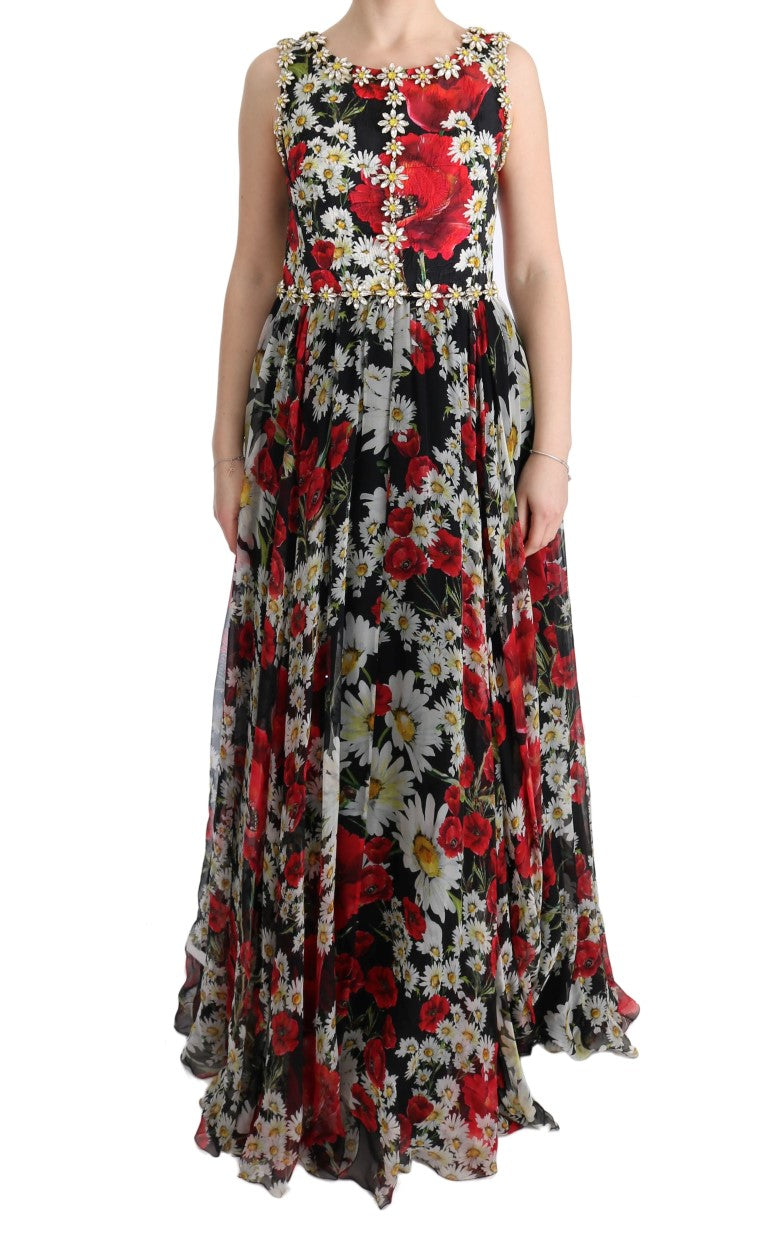 Geblümtes Maxikleid mit Sonnenblumen-Print und Kristallen