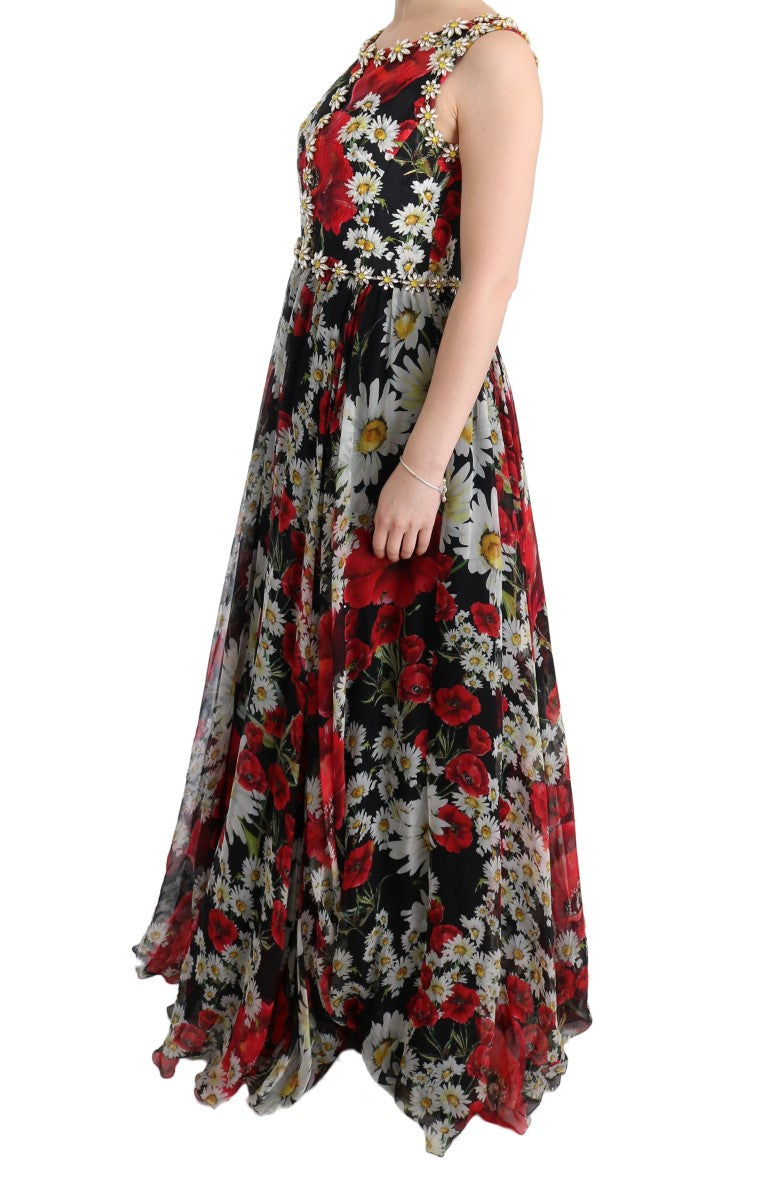 Geblümtes Maxikleid mit Sonnenblumen-Print und Kristallen