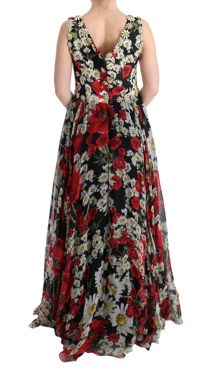 Geblümtes Maxikleid mit Sonnenblumen-Print und Kristallen